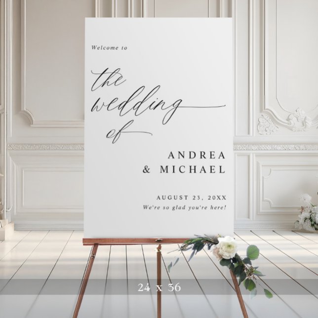 Wedding Welcome Poster Elegant Black and White (Modern black and white wedding welcome sign with elegant hand lettered romantic script)