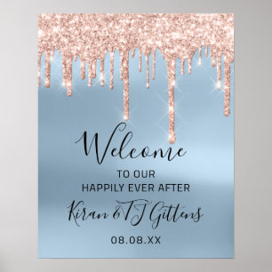 Wedding Welcome Poster Rose Gold Drips Blue