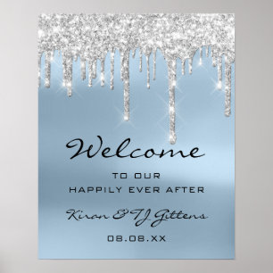 Wedding Welcome Poster Silver Gray Drips Blue