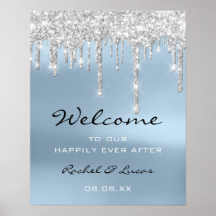 Wedding Welcome Poster Silver Gray Drips Blue