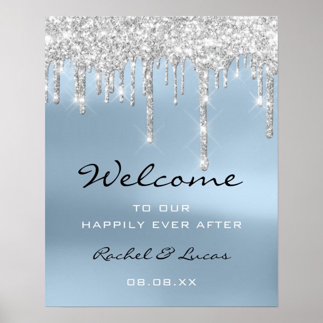 Wedding Welcome Poster Silver Gray Drips Blue (Front)