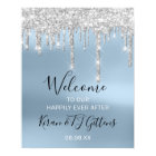 Wedding Welcome Poster Silver Gray Drips Blue