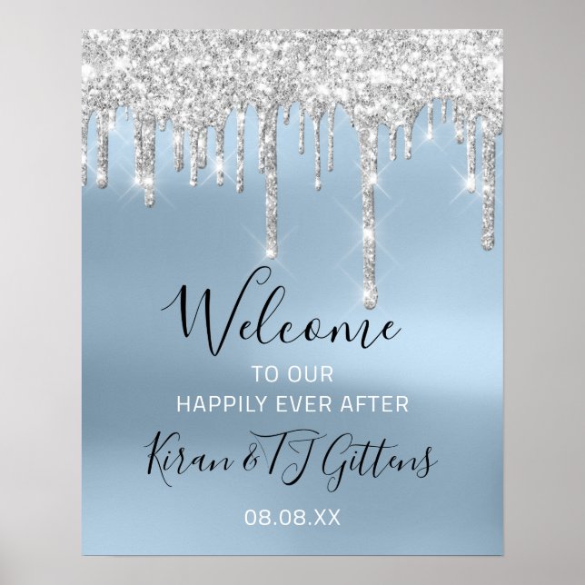 Wedding Welcome Poster Silver Gray Drips Blue (Front)