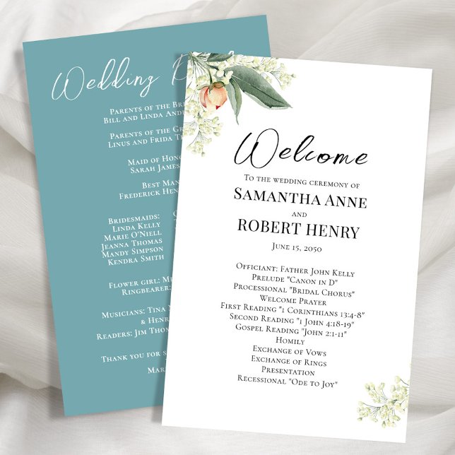 Wedding Welcome Program Floral Calligraphy Script (Peach floral design with blue background. )