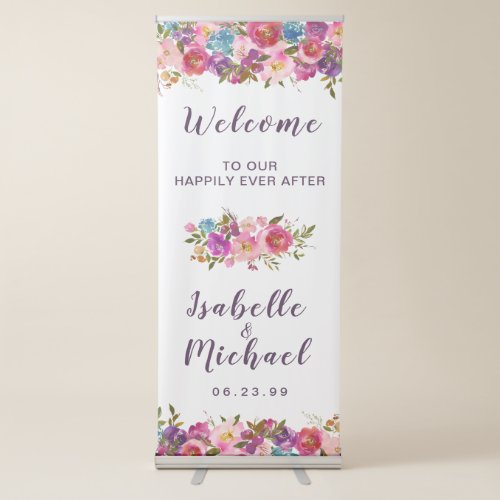 Wedding Welcome Purple and Pink Watercolor Floral Retractable Banner