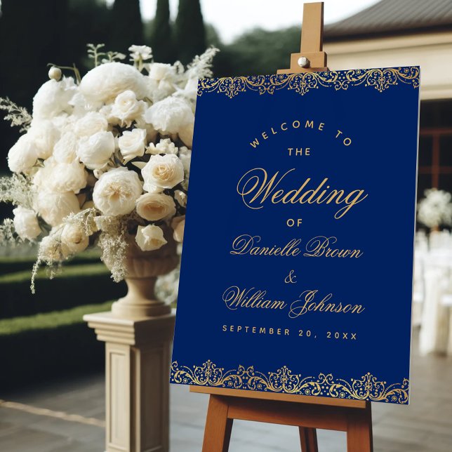 Wedding Welcome Royal Blue Faux Gold Ornate Script Foam Board (Creator Uploaded)