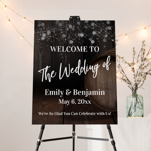 Wedding Welcome Rustic Wood Barrel and Lights Foam Board (In Situ (Stand))