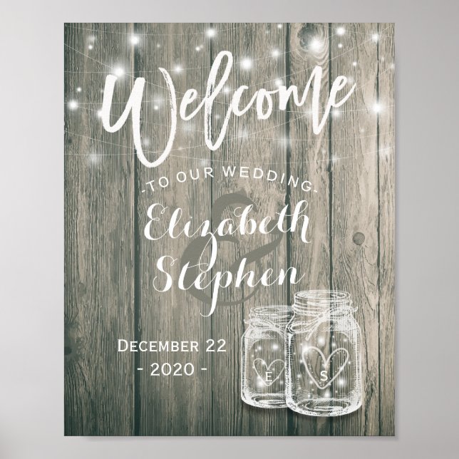 Wedding Welcome Rustic Wood Mason Jar String Light Poster (Front)