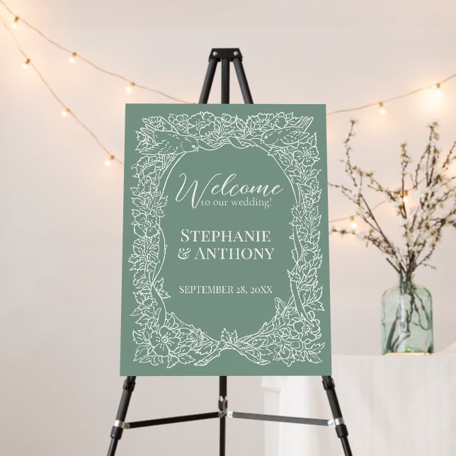 Wedding Welcome Sage Green White Bird Floral  Foam Board (In Situ (Stand))