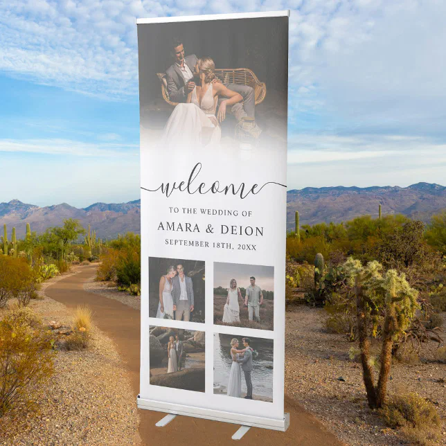 Wedding Welcome Script 5 Photos Boho Retractable Banner | Zazzle