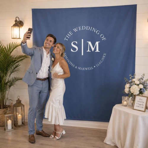 Wedding Welcome Selfie Sign Dark Blue Monogram Tapestry
