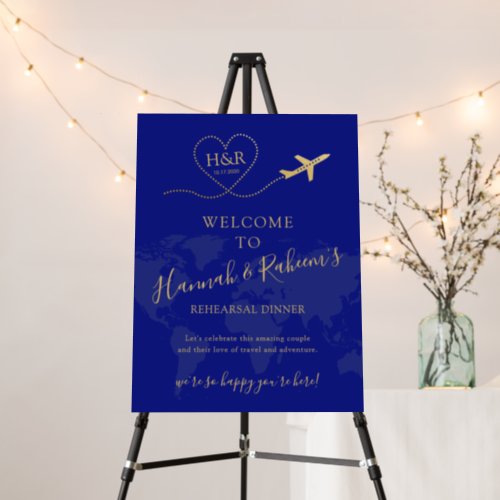Wedding Welcome Sign Blue Gold Map Travel Theme