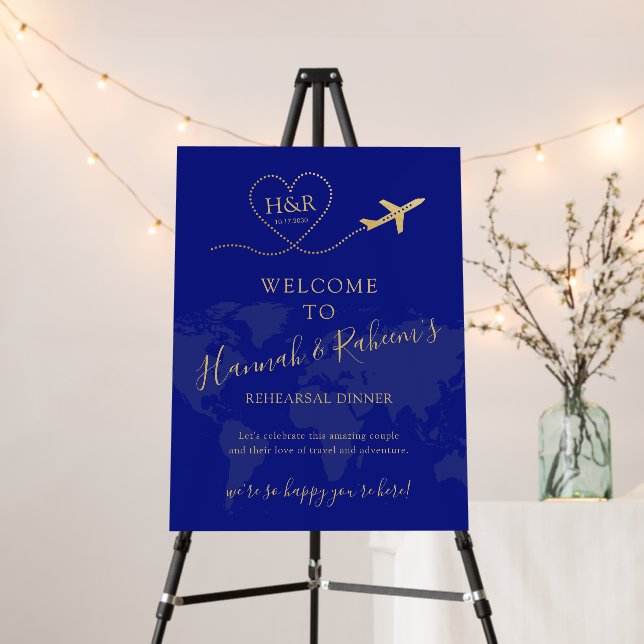 Wedding Welcome Sign Blue Gold Map Travel Theme (In Situ (Stand))