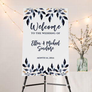Wedding Welcome Sign Blue Leaves with Gold