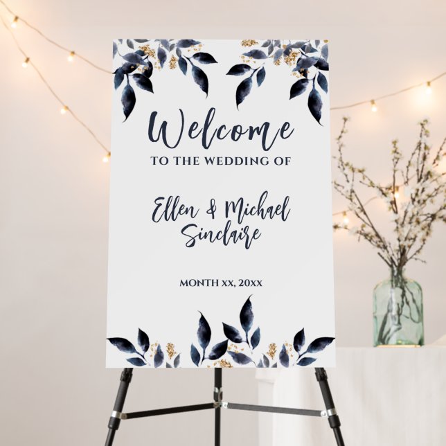 Wedding Welcome Sign Blue Leaves with Gold (In Situ (Stand))