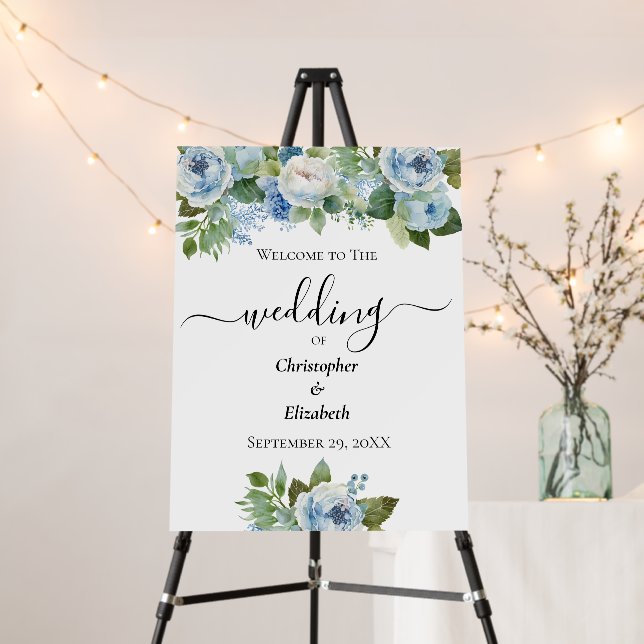 Wedding Welcome Sign Blue White Floral Elegant (In Situ (Stand))
