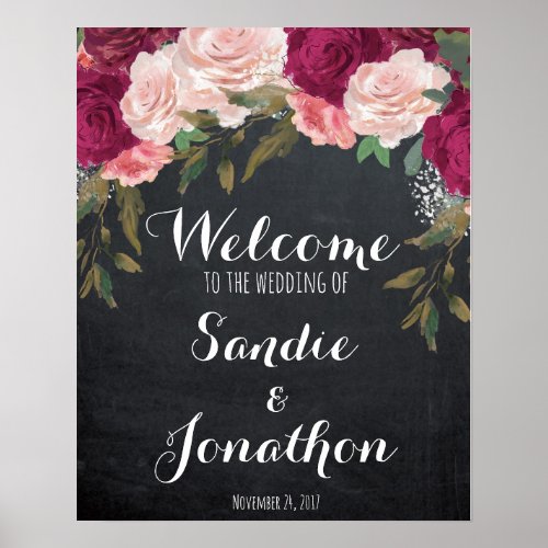 Wedding Welcome sign chalkboard burgundy florals