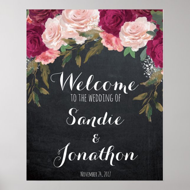Wedding Welcome sign chalkboard burgundy florals (Front)