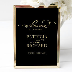 Wedding Welcome Sign   Chic Gold Script Black