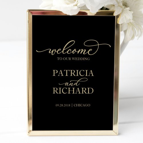 Wedding Welcome Sign  Chic Gold Script Black
