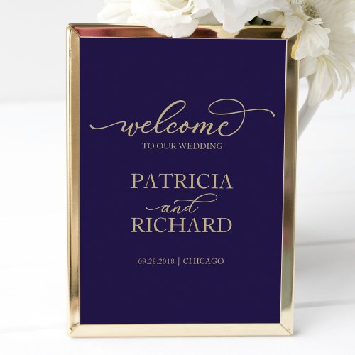 Wedding Welcome Sign  Chic Gold Script Navy Blue