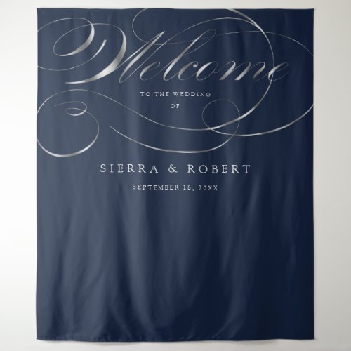 Wedding Welcome Sign Elegant Faux Silver Script Tapestry