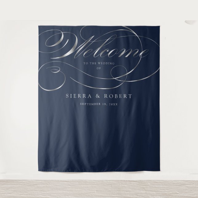 Wedding Welcome Sign Elegant Faux Silver Script Tapestry (Front)