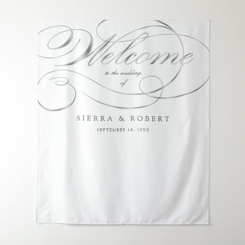 Wedding Welcome Sign Elegant Faux Silver Script Tapestry