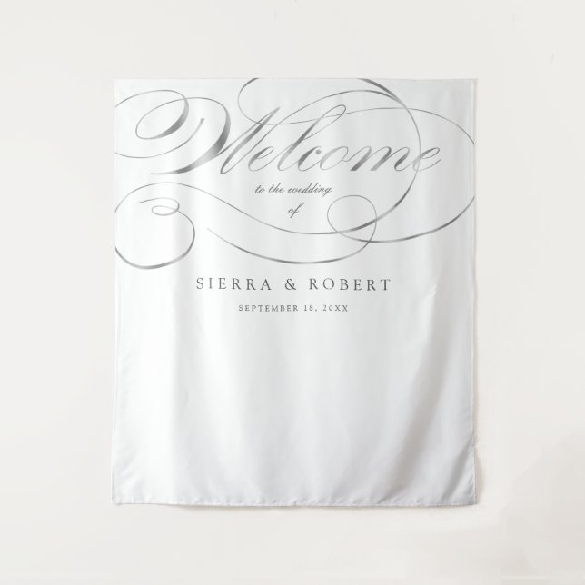 Wedding Welcome Sign Elegant Faux Silver Script Tapestry (Front)