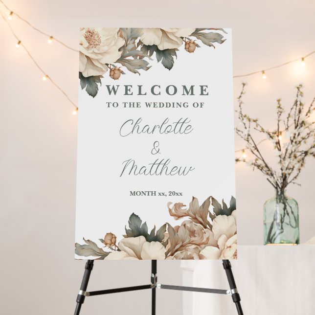 Wedding Welcome Sign Elegant Floral Cream Taupe (In Situ (Stand))