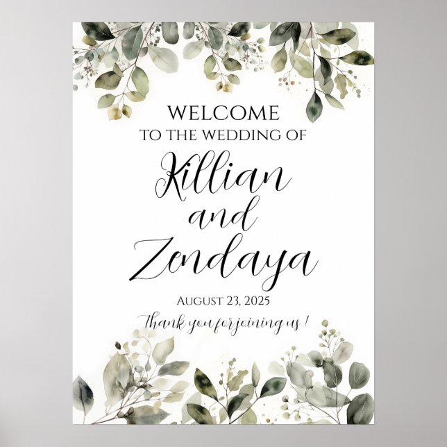 Wedding welcome sign, elegant greenery poster (Front)