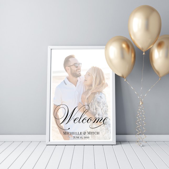 Wedding Welcome Sign Elegant Script Photo (Wedding welcome sign with photo template and stylish calligraphy script. )