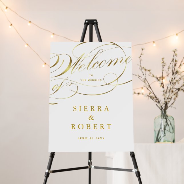 Wedding Welcome Sign Fancy Faux Gold Foil Script (In Situ (Stand))