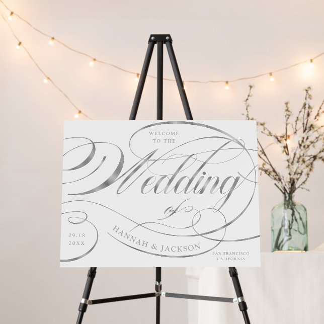 Wedding Welcome Sign Fancy Faux Silver Script (In Situ (Stand))