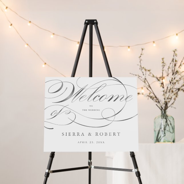 Wedding Welcome Sign Fancy Faux Silver Script (In Situ (Stand))