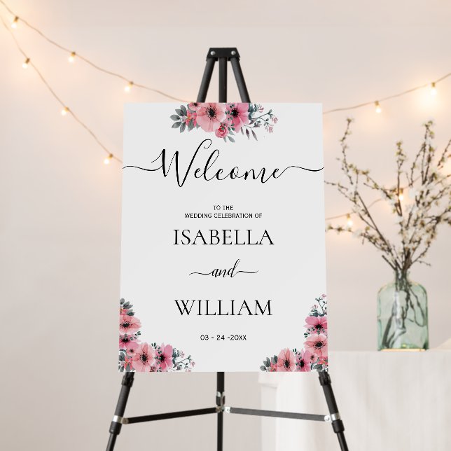 Wedding Welcome Sign floral with chic Black Script (In Situ (Stand))