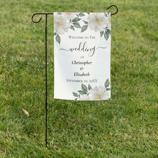 Wedding Welcome Sign Garden Flag White Floral  (In SItu)