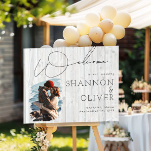 Wedding Welcome Sign Gray Wood Brushstroke Photo