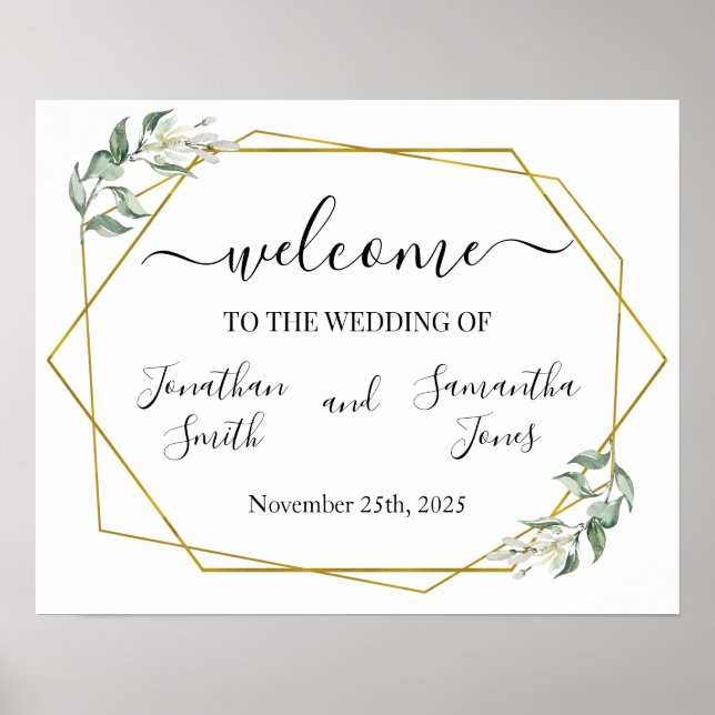 Wedding welcome sign greenery gold geometric (Front)