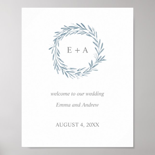 Wedding Welcome Sign - Monogram Blue Wreath (Front)