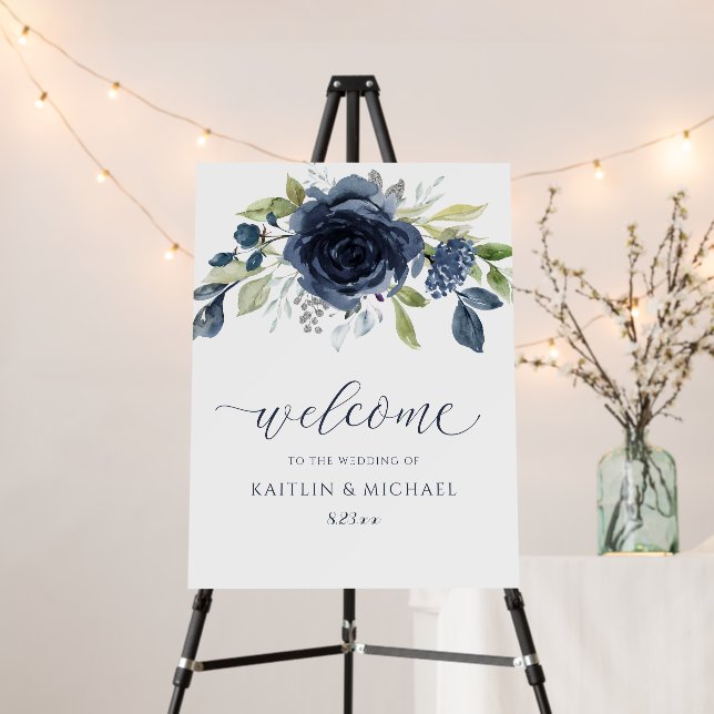 Wedding Welcome Sign Navy Blue Watercolor Floral (In Situ (Stand))