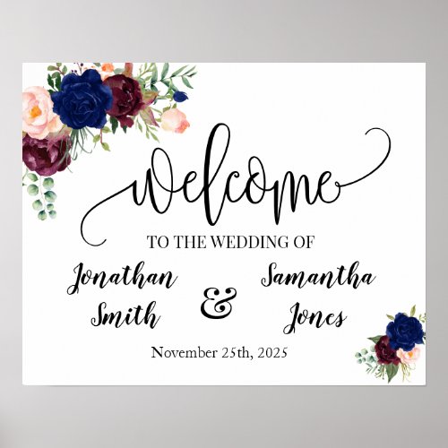 Wedding welcome sign navy burgundy floral poster
