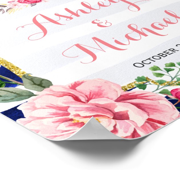 Wedding Welcome Sign Pink Floral Navy Stripes Poster
