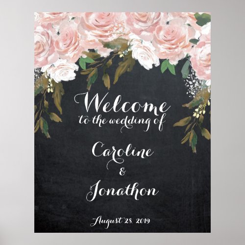 Wedding welcome sign poster elegant pink floral