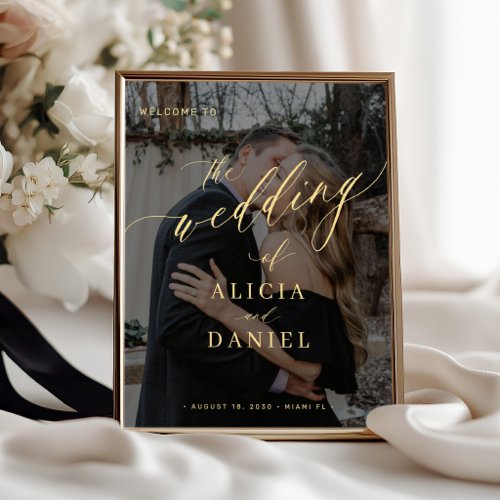 Wedding welcome sign poster gold script with photo