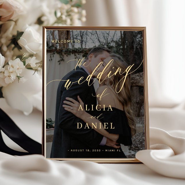 Wedding welcome sign poster gold script with photo (Creator Uploaded)