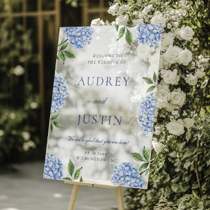 Wedding Welcome Sign, Simple Blue Hydrangea Acrylic Sign