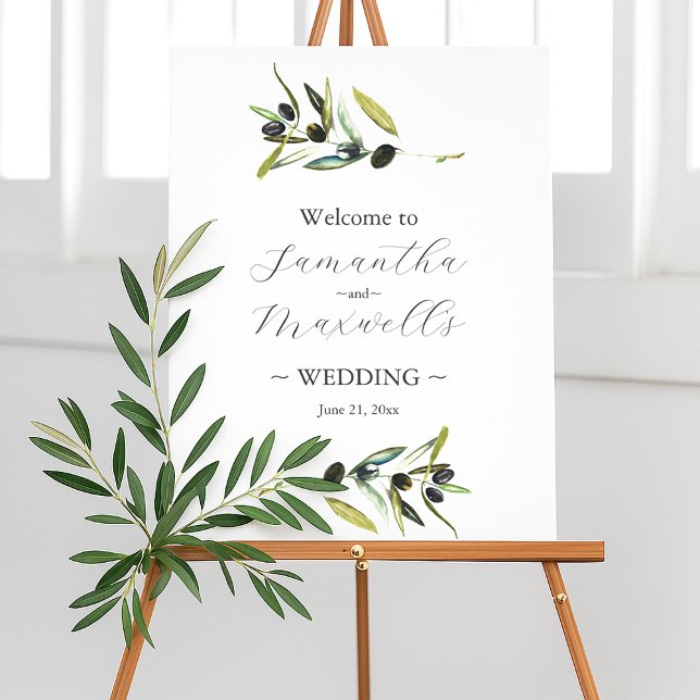 Wedding Welcome Sign Simple Olive Branch (Wedding welcome sign features watercolor olive branch art by Victoria Grigaliunas Do Tell A Belle)