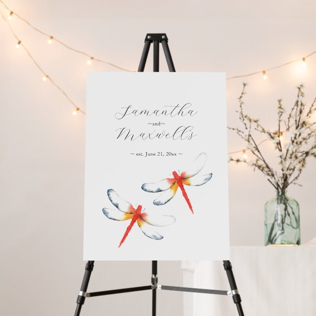 Wedding Welcome Sign Simple Red Dragonfly (In Situ (Stand))