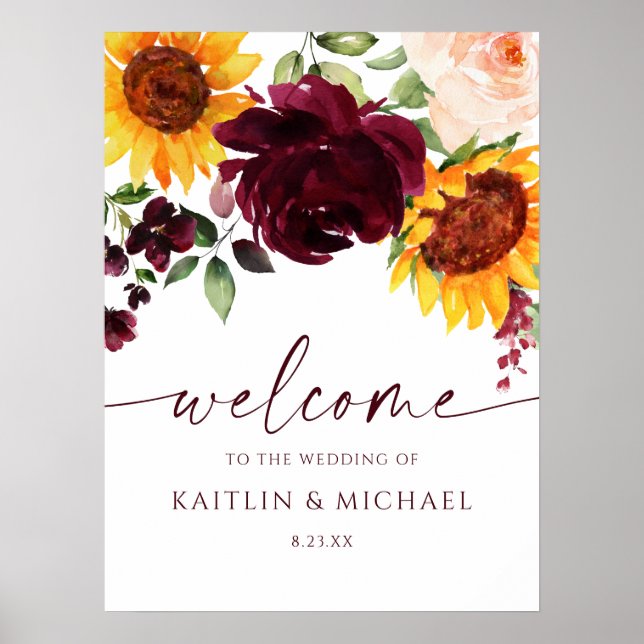 Wedding Welcome Sign Sunflowers Burgundy Rose (Front)